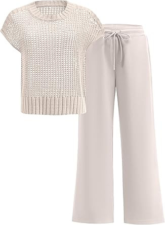 ANRABESS Women Two Piece Outfits Crochet Sheer Knit Sweater Top Wide Leg Pants Lounge Matching Se... | Amazon (US)