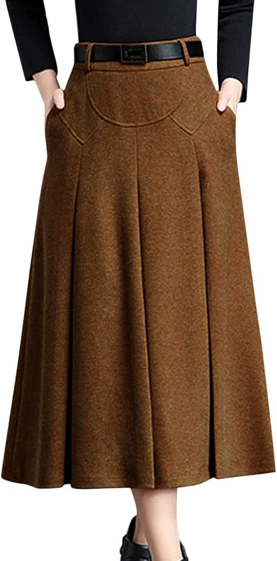 Tanming Womens Winter High Waist A-Line Pleated Wool Midi Skirt with Belt Loops | Amazon (US)