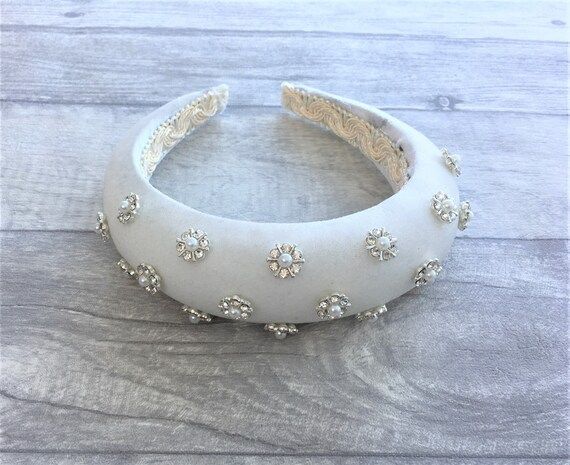 Beautiful Crystal Diamante Jewelled Headband Alice Band in Pale Ivory Velvet in a Padded Matador Sty | Etsy (UK)