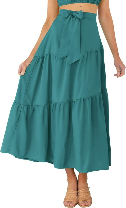 VTSGN Womens Tiered Midi Maxi Skirt Boho Tie Waist A-Line Flowy Long Skirt with Pockets | Amazon (US)