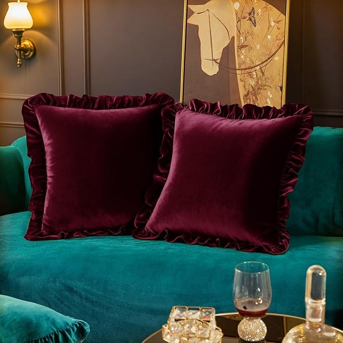 Velvet Throw Pillow Covers Set of 2, Soft Decorative Ruffle Cushion Cases for Couch Sofa Bedroom,... | Amazon (US)