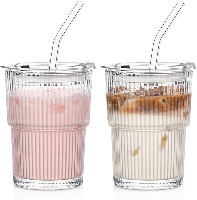 INSETLAN 380ml Glass Tumbler with Lid and Straw 2 Pack - Ribbed Glass Cup Iced Coffee Glasses, Cl... | Amazon (UK)