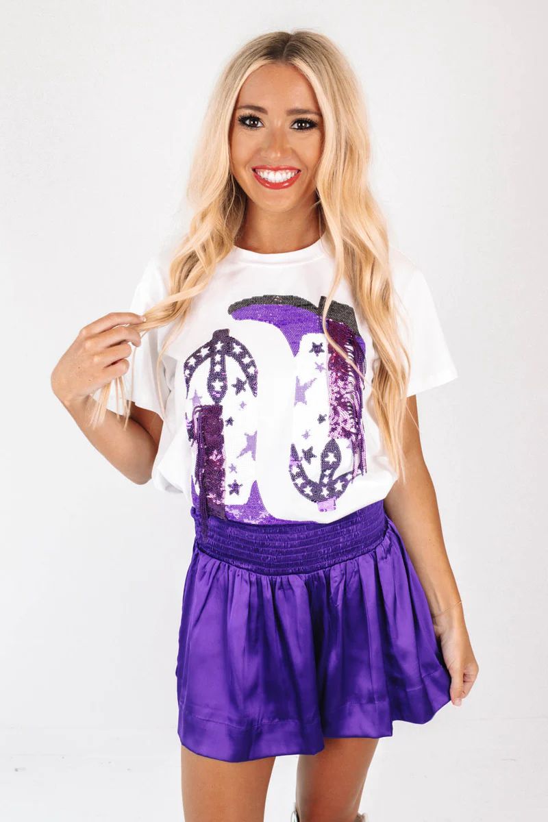 Queen Of Sparkles Fringe Boot Tee - Purple | The Impeccable Pig