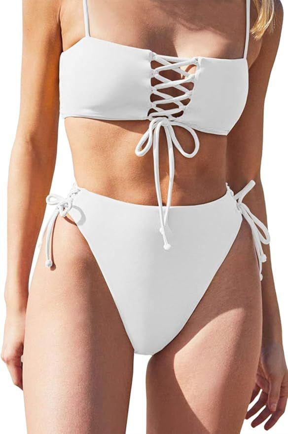 QINSEN Women's Spaghetti Strap Bandeau Lace Up High Waist 2PCS Bikini Set Simsuit | Amazon (US)