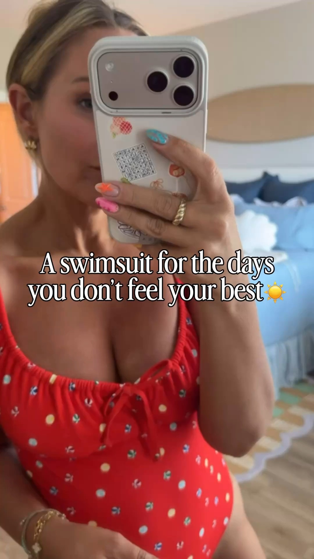 ❤️🤍 This swimsuit is giving vintage beach club energy and I’m here for it. The bright red, the playful print, the flattering fit… it looks way more expensive than it is. Perfect for pool days, beach trips, and chasing kids around without constantly adjusting your suit.

Linked my size and all the details in LTK! ☀️🏖️ #SummerStyle #BeachDayEssentials #PoolsideStyle #PetiteStyle #MomStyle