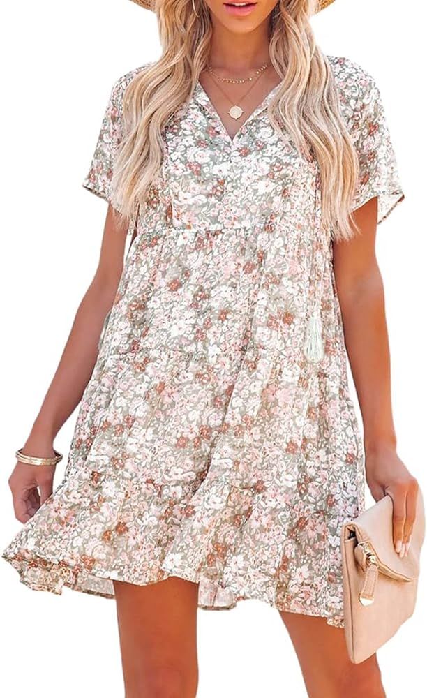SHEWIN Women's Summer Floral Dress Casual V Neck Short Sleeve Ruffle Hem A-Line Boho Mini Dress | Amazon (US)