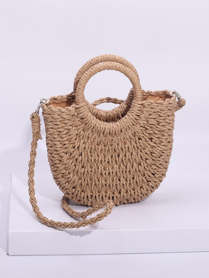 Half-Round Woven Straw Bag, Women's Summer Crossbody Bag, Casual Beach Handbag For Holiday Straw ... | SHEIN