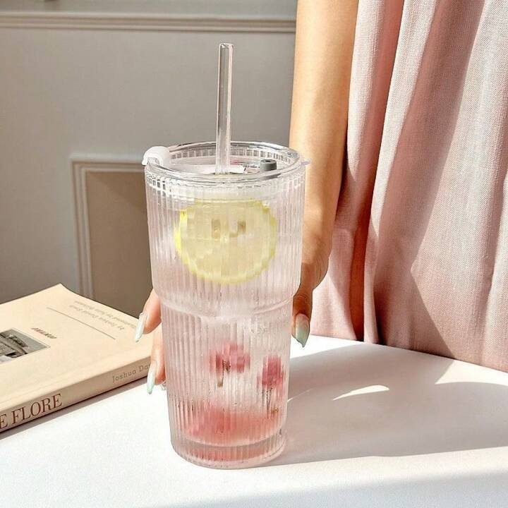 1pc 600ml/21.1oz Ins Style High Capacity Glass Cup With Lid, Straw, Vertical Stripe Pattern, Suit... | SHEIN