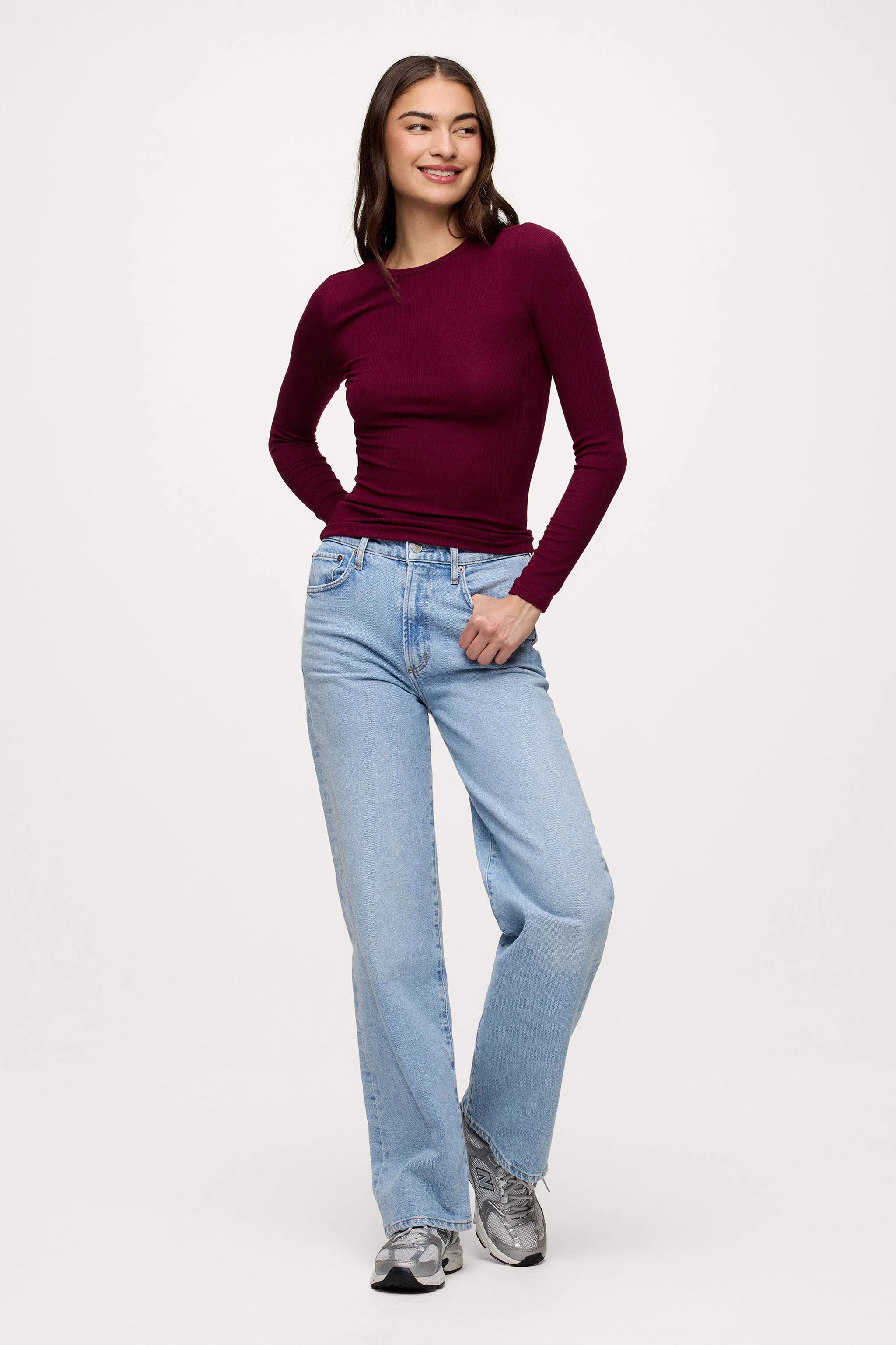 Slinky Rib Long Sleeve Shirt | Ruby | Nuuds US