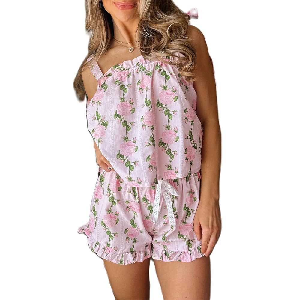 Women Floral Print Short Pajama Sets Summer Straps Tank Top and Ruffle Shorts 2 Piece Loungewear | Amazon (US)