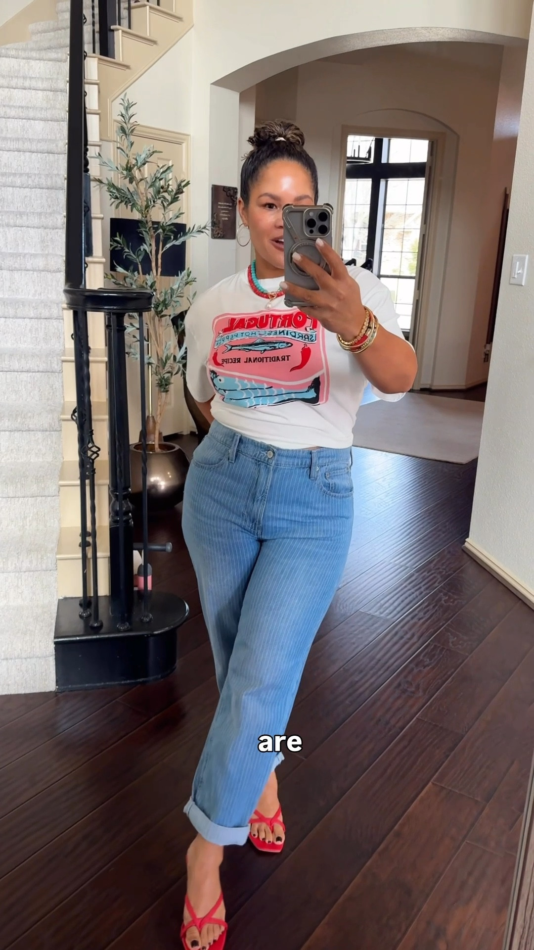 Pinstripe jeans, t-shirt and a pop of red! Love it all! 

#LTKOver40 #LTKootd