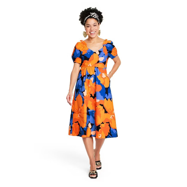 Women's Floral Print Puff Sleeve Tie-Back Midi Dress - Tabitha Brown for Target Orange/Blue | Target