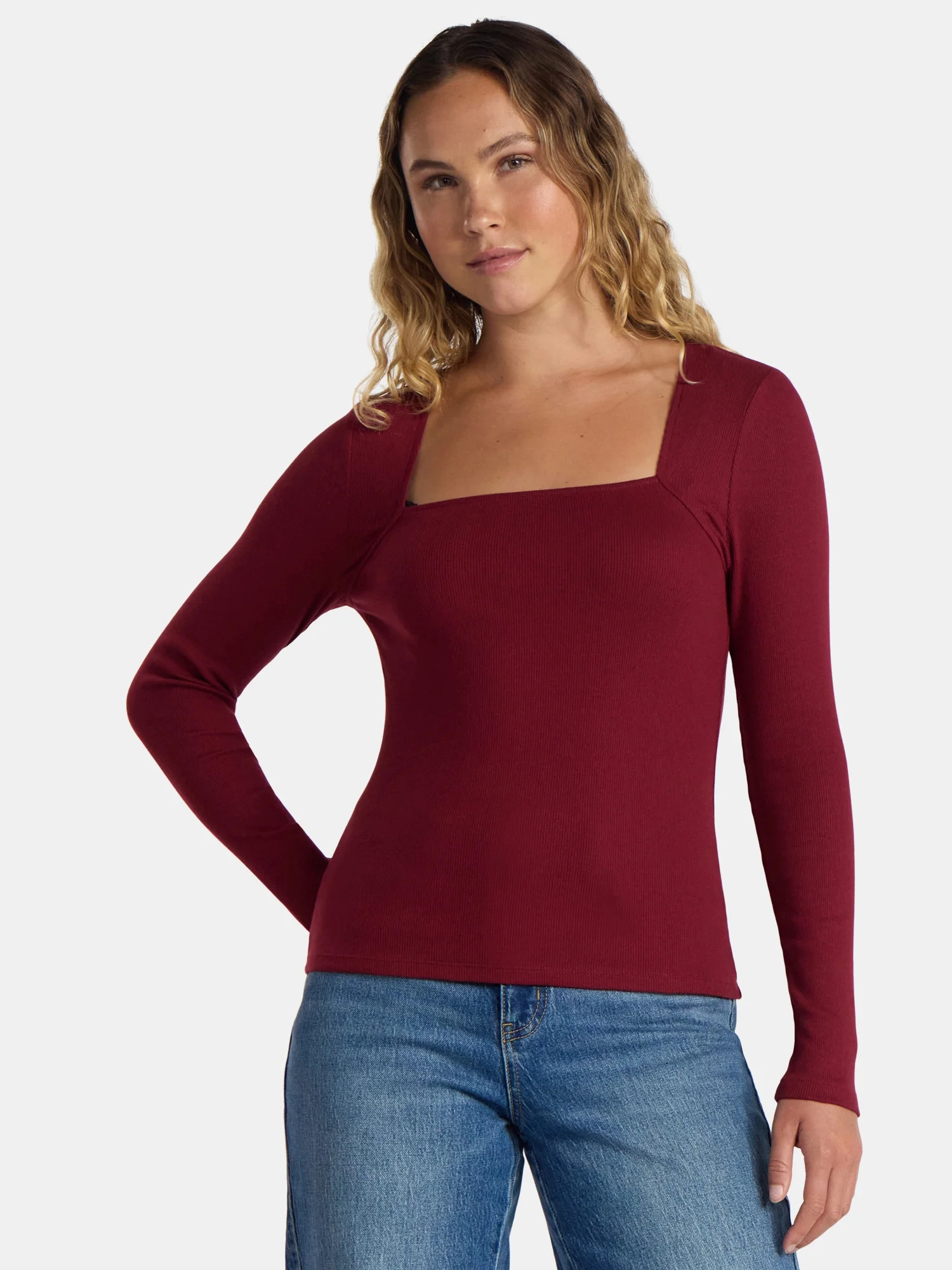 Time and Tru Women's Ribbed Square Neck Top, Size XS-3XL | Walmart (US)