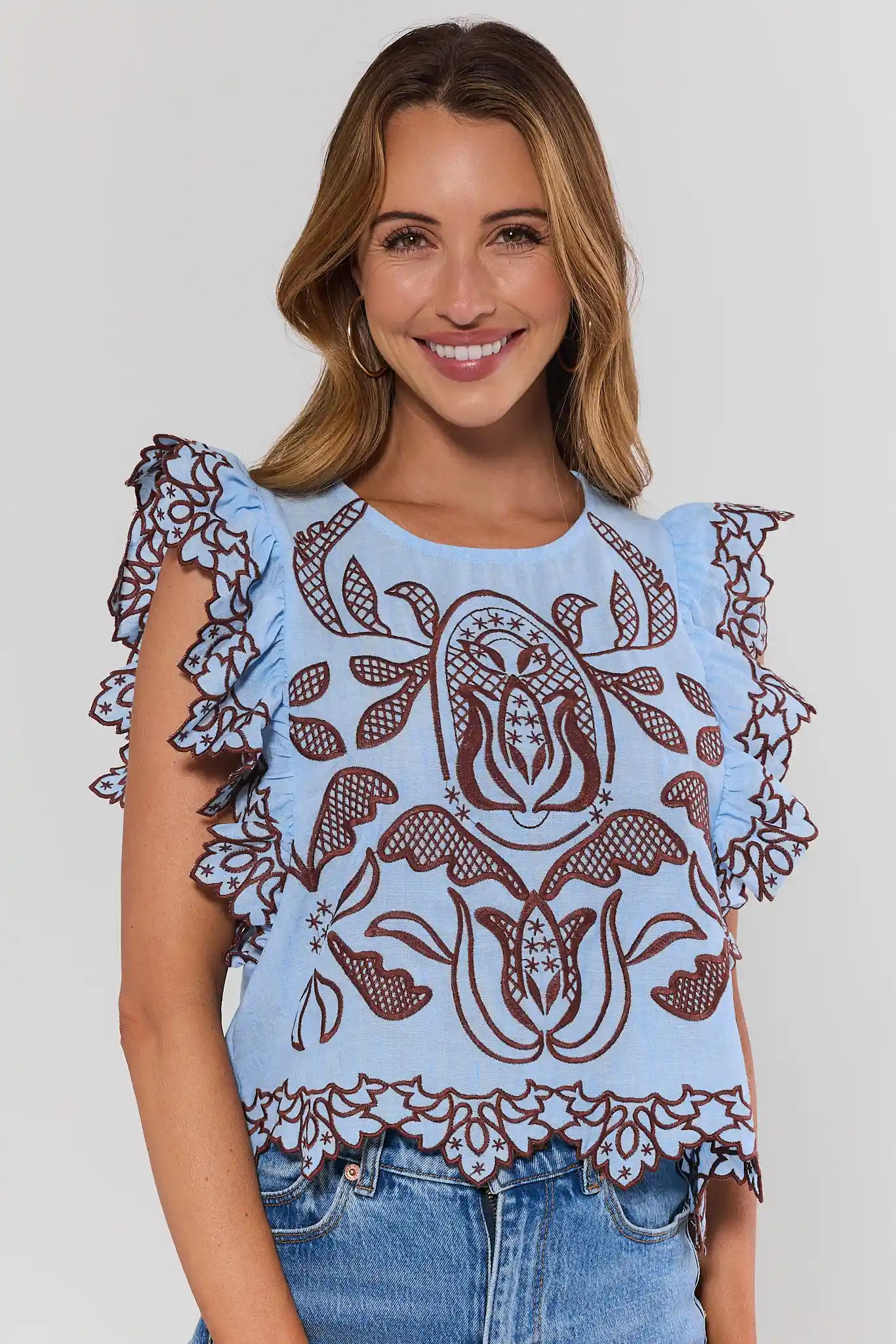 Brayden Blue Embroidered Top by THML | Avara