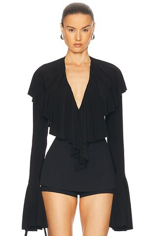 Long Sleeve Deep V Ruffle Bodysuit | FWRD 