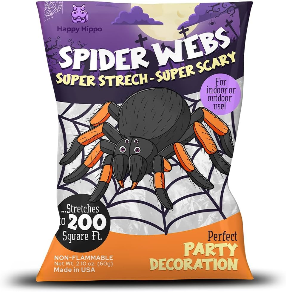 Happy Hippo Halloween Spider Web Decoration, 200 Square Feet & Plastic Spiders, Halloween Party Supplies, Spider Webs (Small, 200 Sq Feet) (8 Fake Spiders Included) | Amazon (US)