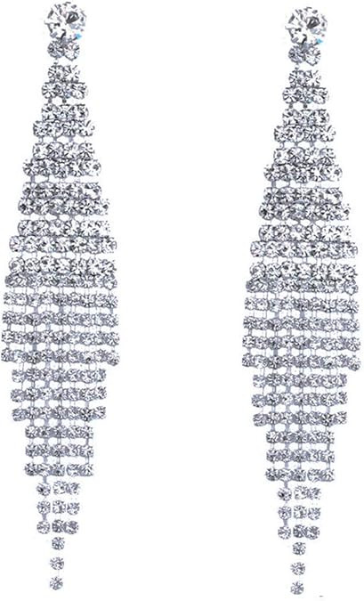 CHRAN Silver Teardrop Crystal Long Tassels Dangle Earrings Sparkling Rhinestone Ladies Gifts | Amazon (US)