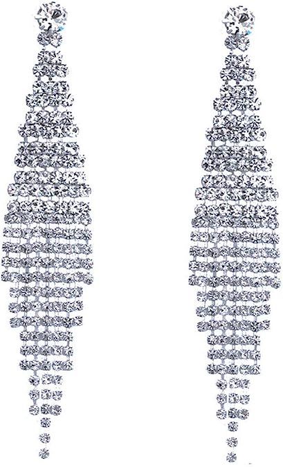 CHRAN Silver Teardrop Crystal Long Tassels Dangle Earrings Sparkling Rhinestone Ladies Gifts | Amazon (US)