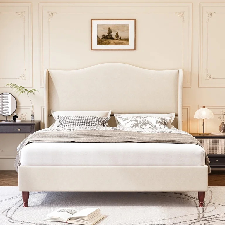 Neche Queen Upholstered Platform Bed Frame - 51" Tall Curved Wingback, Soft Fabric, Retro Sleigh ... | Walmart (US)
