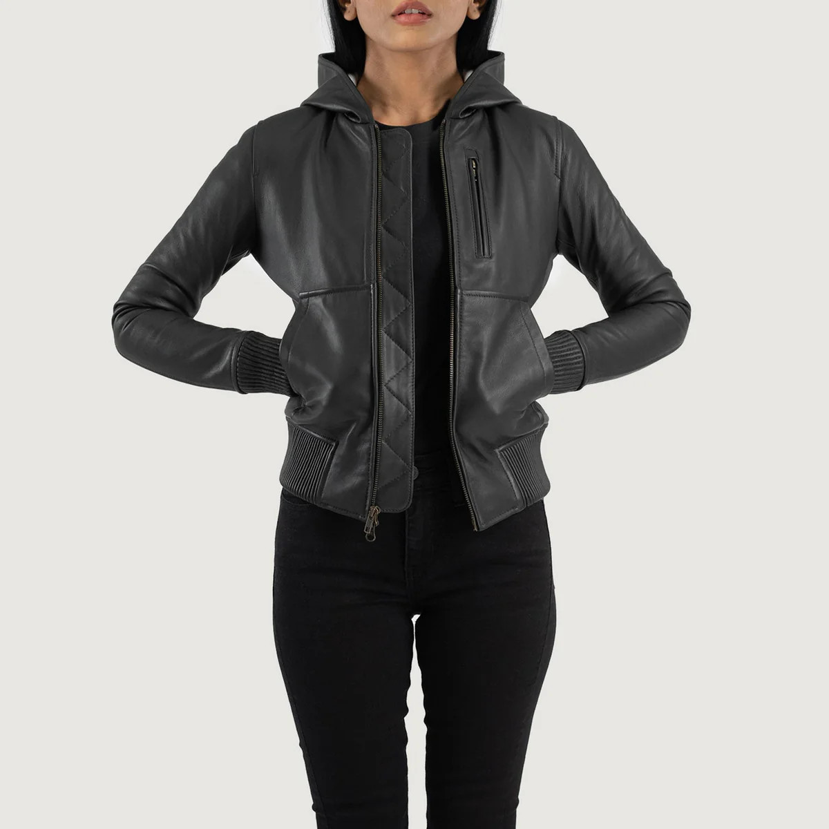 Luna Black Hooded Leather Bomber Jacket | The Jacket Maker