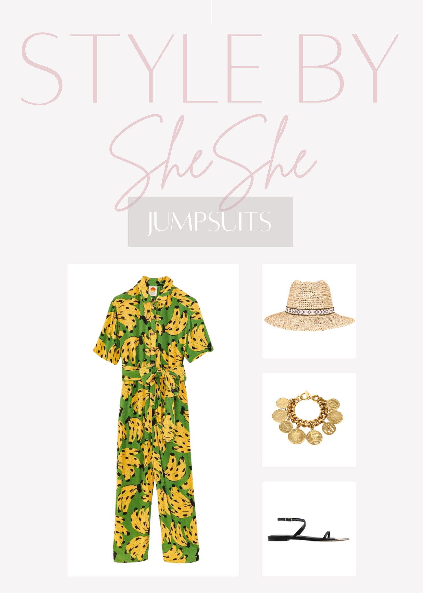 @farmrio jumpsuit 
@express sandals 
@amazon gold coin charm bracelet 
@revolveclothing Panama hat
#summerstyle #resortwear #charmbracelet #coins #strawhat #panamahat #revolveclothing 