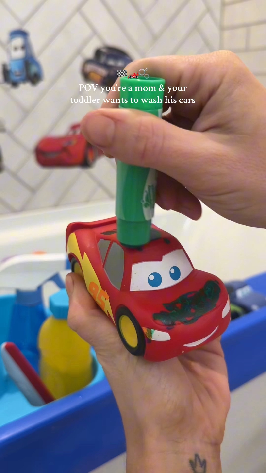 Toddler mom life bath time night time routine lightening McQueen cars Disney Pixar lover toddler activity fun Amazon 