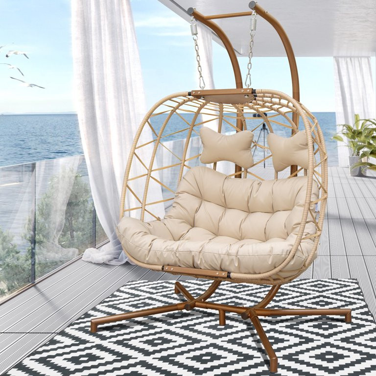 NICESOUL Outdoor Rattan Double Hanging Swing Egg Chair with Stand Cream Color 510 lbs Max. (Cream... | Walmart (US)
