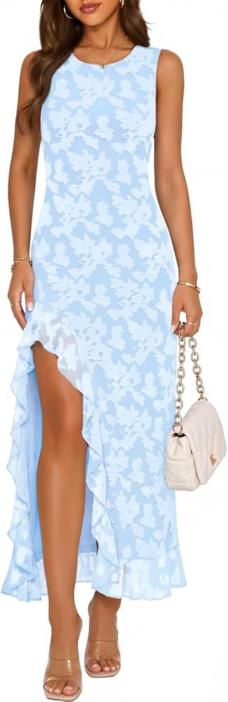 MEROKEETY Women's Summer Floral Ruffle Maxi Dress High Slit Sleeveless Bodycon Formal Cocktail We... | Amazon (US)