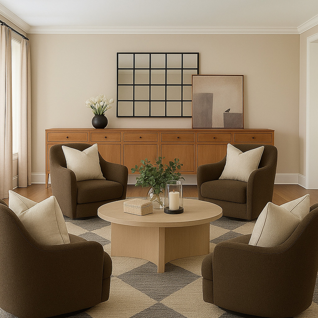 Warm neutral living room 🤍
Shop this modern transitional living room featuring swivel accent chairs, a round wood coffee table, textured neutral area rug, tailored throw pillows, wood sideboard, and layered wall art.

This layout is perfect for conversation seating, family-friendly living rooms, and anyone drawn to cozy luxury, earth-tone interiors, and timeless neutral design. All pieces are linked and shoppable ✨ 

 #LTKHome #LTKSaleAlert