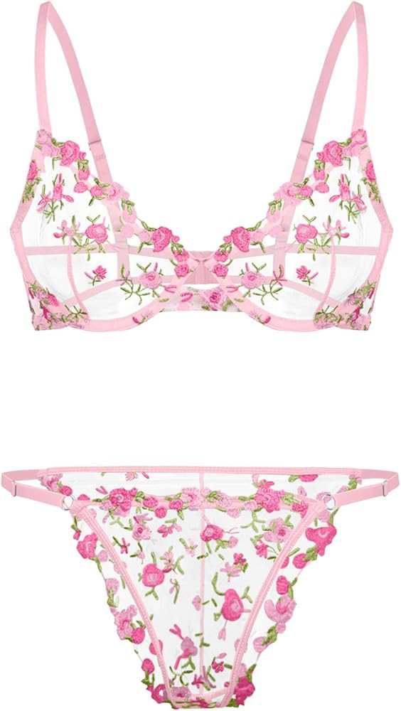 Lilosy Sexy Floral Embroidered Mesh Sheer Underwire Lingerie Set | Amazon (US)