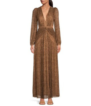 Hazel Metallic Chiffon V-Neck Long Sleeve Cut Out Dress | Dillard's