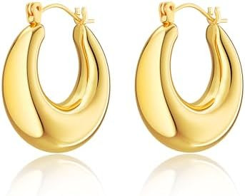 Chunky Gold Hoop Earrings for Women, 14k Gold Plated Thick Triple Hoop Earrings Hypoallergenic Tr... | Amazon (US)
