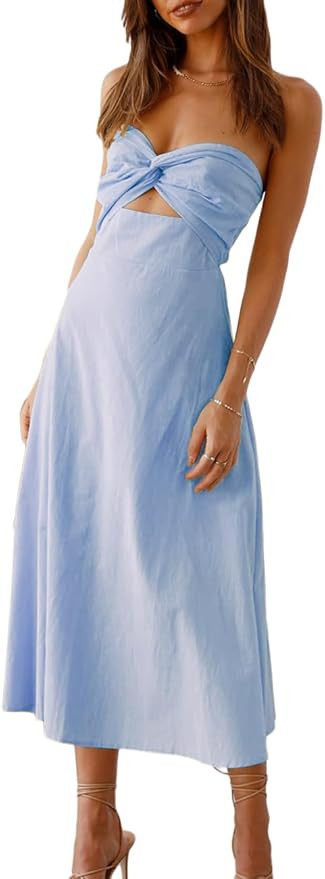 Fiemaoves Sexy Twist Front Strapless Sweetheart Neckline Midi Dresses for Women Smocked Cutout Tu... | Amazon (US)