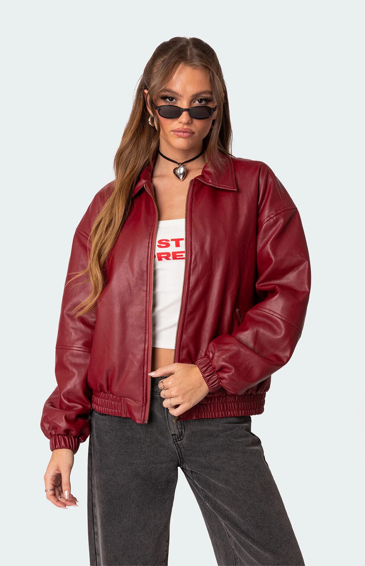 Edikted Women's Halley Faux Leather Bomber Jacket in Red - Size Large | PacSun