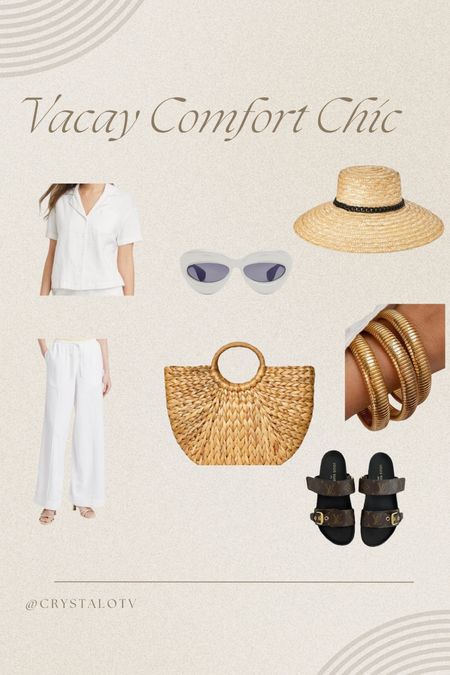 Comfortable Vacation outfit for the beach, resort, travel and beyond.

Linen set, linen pants, linen blouse, straw hat, straw bag, gold jewelry, LV Sandals, summer vacation, travel outfit, summer outfitt

#LTKtravel #LTKSeasonal #LTKstyletip