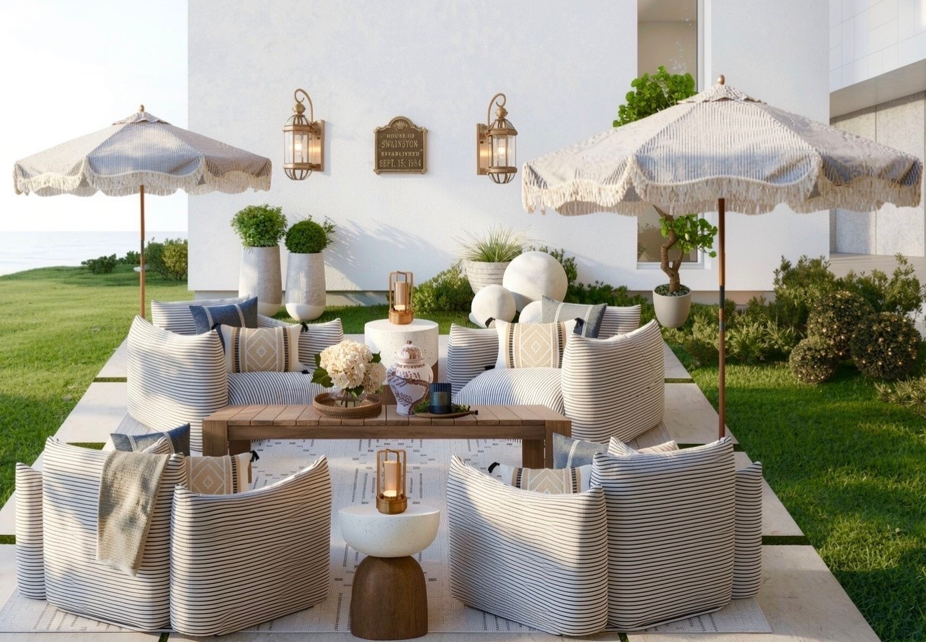 POV: you walk outside after a long day and this is waiting for you 😌❤️

This patio mood board feels like a luxury resort mixed with cozy coastal living... soft striped loungers, warm wooo tones, layered textures, glowing lanterns, and the prettiest fringe umbrellas creating the dreamiest relaxing atmosphere. The kind of space that instantly makes you breathe deeper and feel happier! I wanted this design to feel elevated but still comfortable and family-friendly, a space made for slow mornings, sunset conversations, summer gatherings, and those little everyday moments that end up meaning the most.

The blue + white palette keeps everything airy and timeless while the natural wood and brass accents add warmth and that high-end designer look it.

Saving this for my future backyard immediately🥰🙌

#LTKHome #PatioDesign #OutdoorLiving #LuxuryPatio
#CoastalStyle
#OutdoorDecor #Patiolnspo
#BackyardGoals #DesignerLookForLess #SummerDecor #OutdoorFurniture
#NeutralDecor
#CoastalGrandmother
#ResortStyle Living #OutdoorEntertaining #LuxuryOutdoorLiving
#TargetStyle
#PatioMoodBoard
#OutdoorStyling #Homelnspo
#ModernCoastal #TerraceDesign
#BackyardInspiration #OutdoorOasis #LuxuryLifestyle #WarmModern #OutdoorSpace #HomeDecorldeas
#DopamineDecor #RelaxingHome

#LTKHome #LTKSaleAlert #LTKselfcare

targetstyle neutraldecor outdoorliving resortstyle summerdecor patiodesign outdoorspace luxurylifestyle outdoordecor outdoorentertaining coastalstyle outdoorfurniture outdoorstyling moderncoastal backyardgoals outdooroasis luxurypatio coastalgrandmother patiomoodboard primeday2022 trgtdealday2022 dopaminedecor ltkxprimeday ltkxprime ltkxwayday homelnspo homedecorldeas relaxinghome patiolnspo terracedesign backyardinspiration luxuryoutdoorliving warmmodern designerlookforless ltkselfcare

#LTKHome #LTKSaleAlert #LTKMothersDay