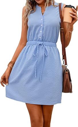 MakeMeChic Women's Casual Sleeveless Summer Dress Button Down Tie Waist A Line Short Dress Solid ... | Amazon (US)