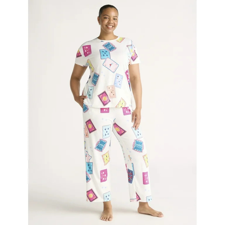 Joyspun Women's Short Sleeve Sleep Top and Open Leg Pants Pajama Set, 2-Piece, Sizes XS-3X | Walmart (US)