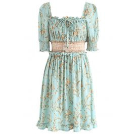 Greenery Posy Print Square Neck Shirred Dress | Chicwish