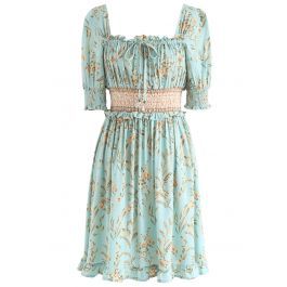 Greenery Posy Print Square Neck Shirred Dress | Chicwish