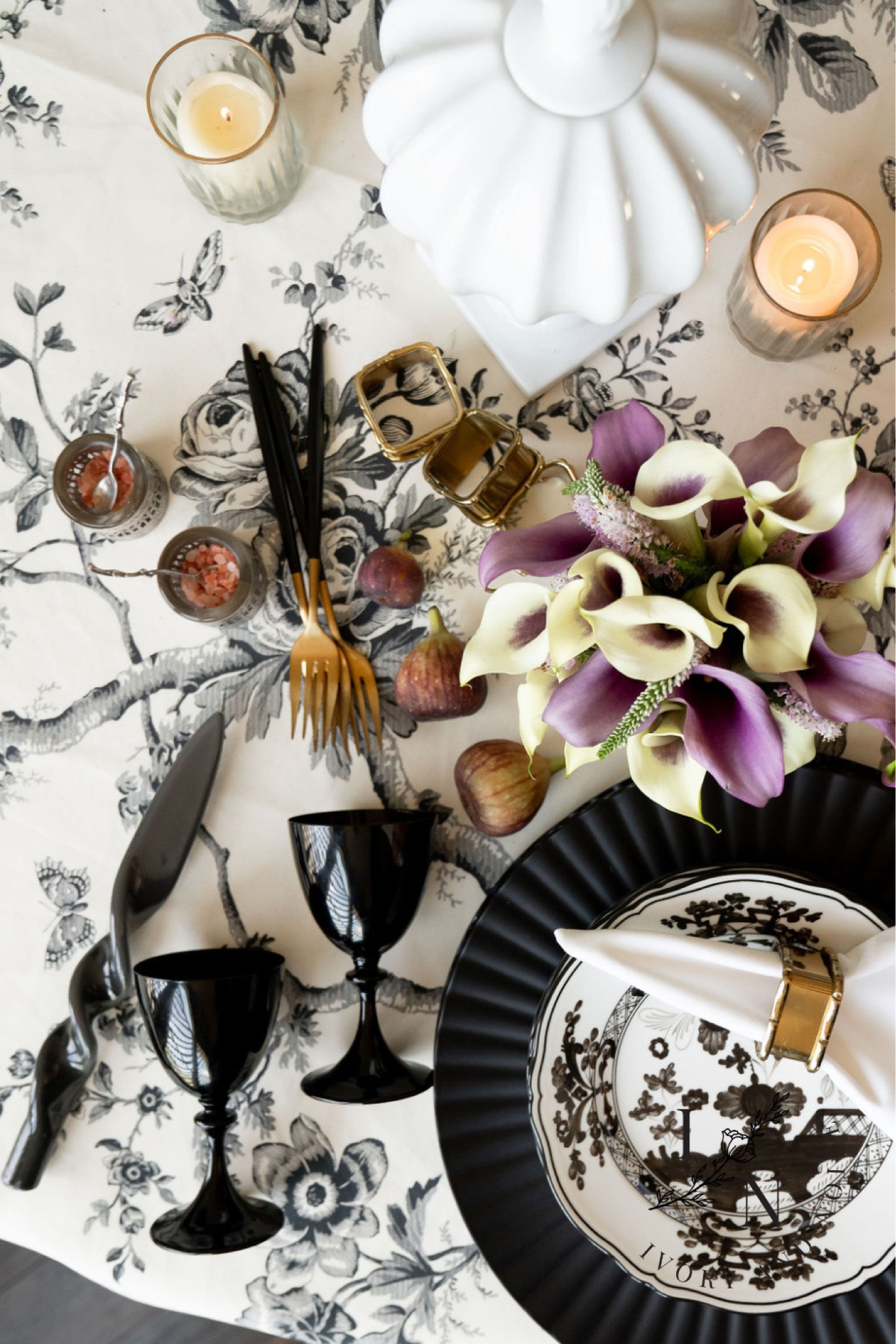 Fall in love with deep purples and black and white tablescapes this fall season. This romantic and elegant fall inspired black and white tableware table setting is perfect for date nights or intimate parties this autumn. The Arte Italica and Asiatic plates are what make this table so beautiful! FALL TABLEWARE. ARTE ITALICA PLATES. ASIATIC PLATES. FALL TABLESCAPE. BLACK AND WHITE PLATES. BLACK AND WHITE TABLEWARE. 

#LTKHoliday #LTKhome #LTKSeasonal