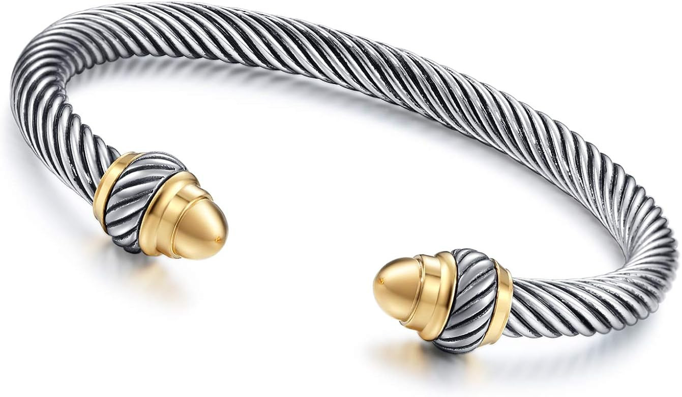 Classic Cuff Bangle Bracelet for Women Men Cable Wire Twisted Vintage Stainless Steel Retro Jewel... | Amazon (US)