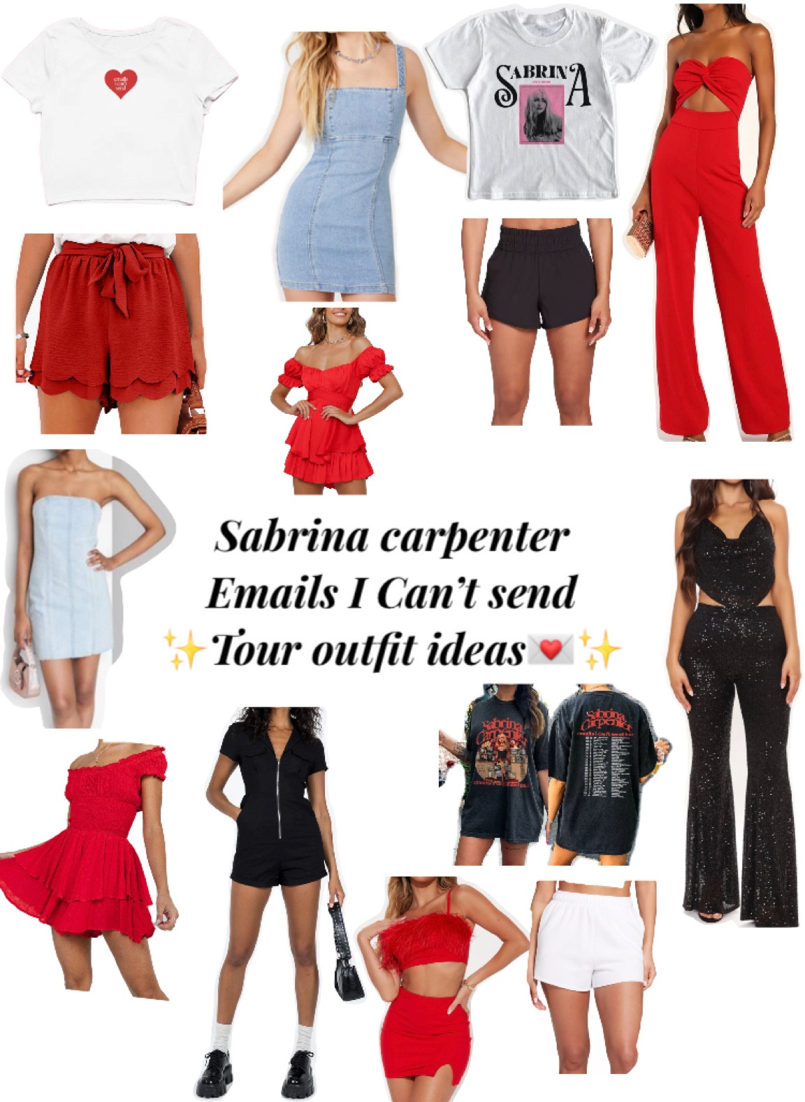 Sabrina Carpenter Emails I can’t send tour outfit inspiration💌✨ •black sequin pant set and red feather set from fashionnova
• red bow shorts from amazon
#sabrinacarpentertouroutfits #sabrinacarpenterconcertoutfitideas #emailsicantsendtouroutfits #concertoutfits #concertstyle
