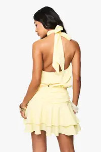 Lemon Textured Ruched Frill Skirt Halterneck Mini Dress | Boohoo | Boohoo.com (UK & IE)