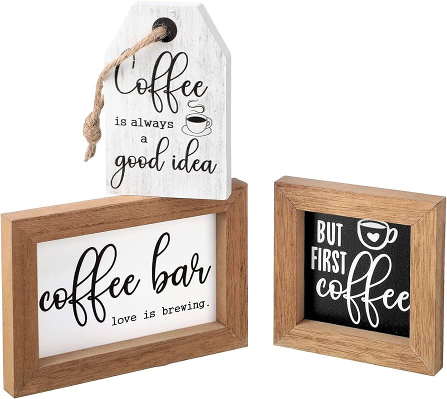 3 Pieces Coffee Bar Decor Accessories Mini But First Coffee Wood Sign Farmhouse Rustic Coffee Tab... | Amazon (US)