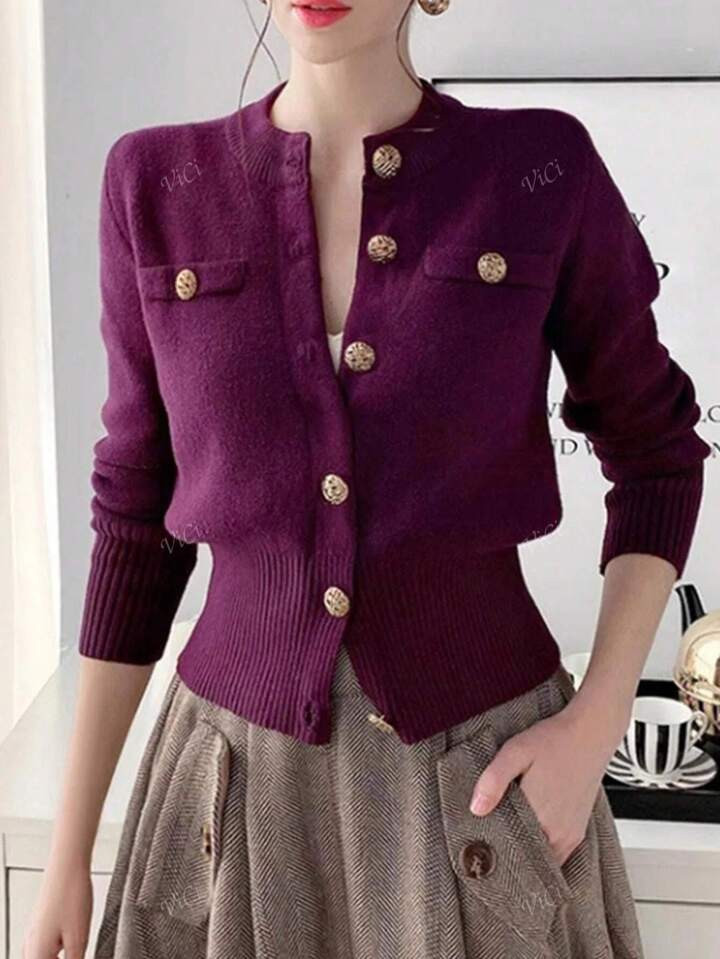 Casual Solid Color Long Sleeve Knit Ribbed Button Mock Pocket Round Neck Cardigan | SHEIN
