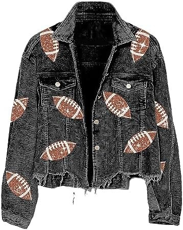 Xunger Women’s Football Corduroy Sequin Jacket Cropped Distresses Rugby Patched Shacket Coat | Amazon (US)