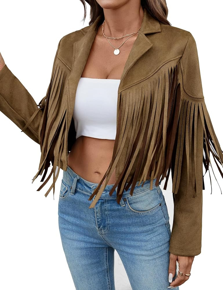 Women's Faux Suede Leather Tassel Jackets With Lining Cropped Fringe Coats 80s Outfit For Women | Amazon (US)