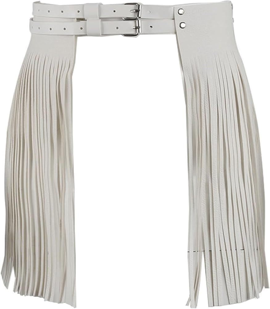 Women's Faux Leather Fringe Skirt Double Waist Belt Dress Pants Tassel Rave Dance Punk Clubwear | Amazon (US)