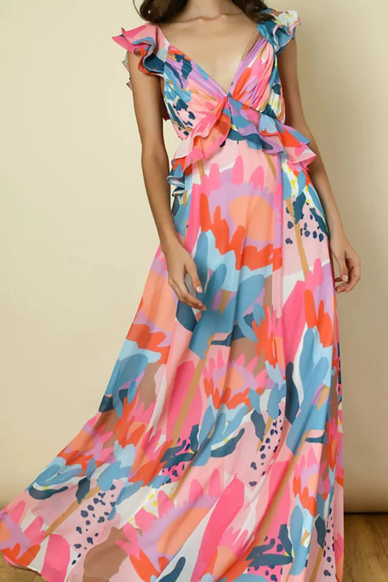 MULTI PRINT RUFFLE MAXI DRESS | HARRINGTONS